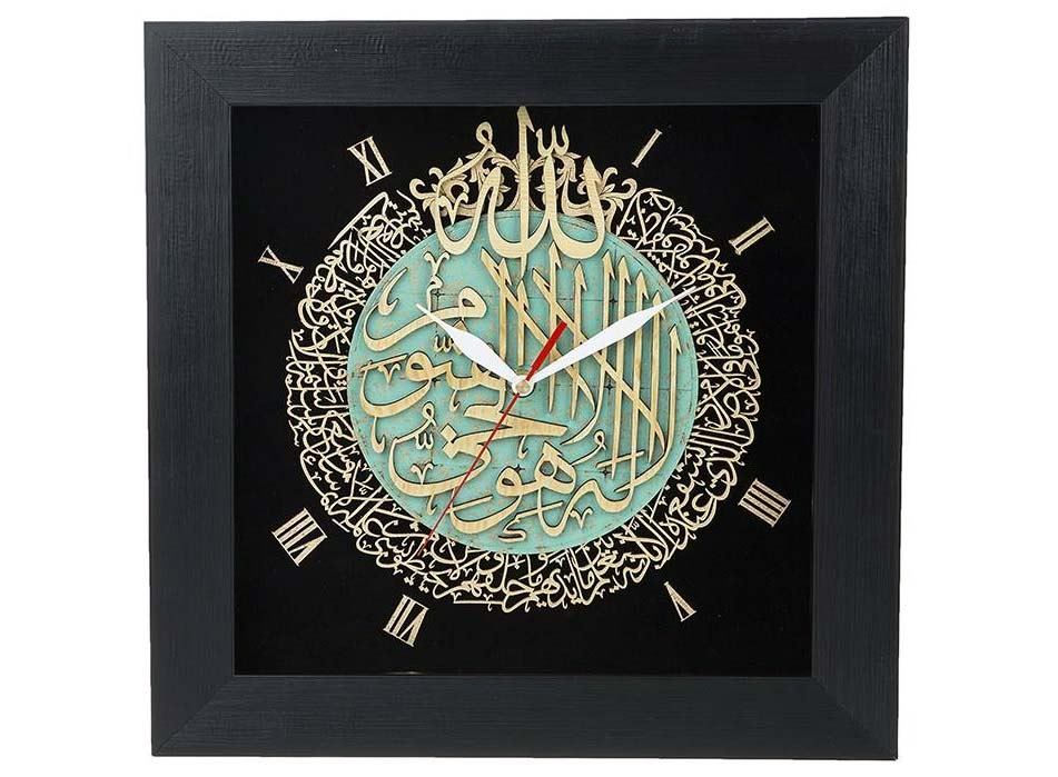 ساعة حائط إسلامية من الخشب المُطعَّم بنقش آية الكرسي