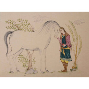 الرسم التصويري منمنمة فارسية الأصلي: ألوان مائية وغواش على الكرتون – الولد والحصان