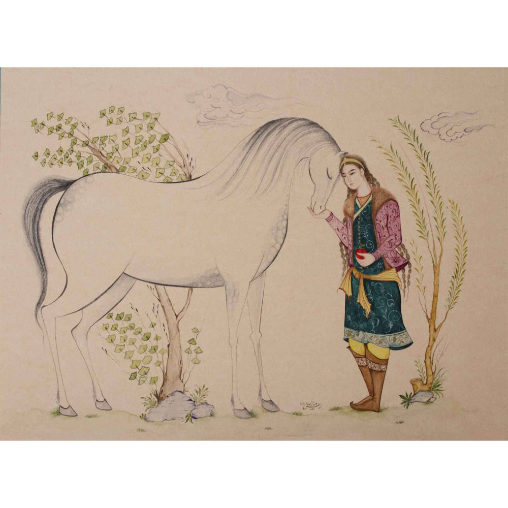 الرسم التصويري منمنمة فارسية الأصلي: ألوان مائية وغواش على الكرتون - الولد والحصان