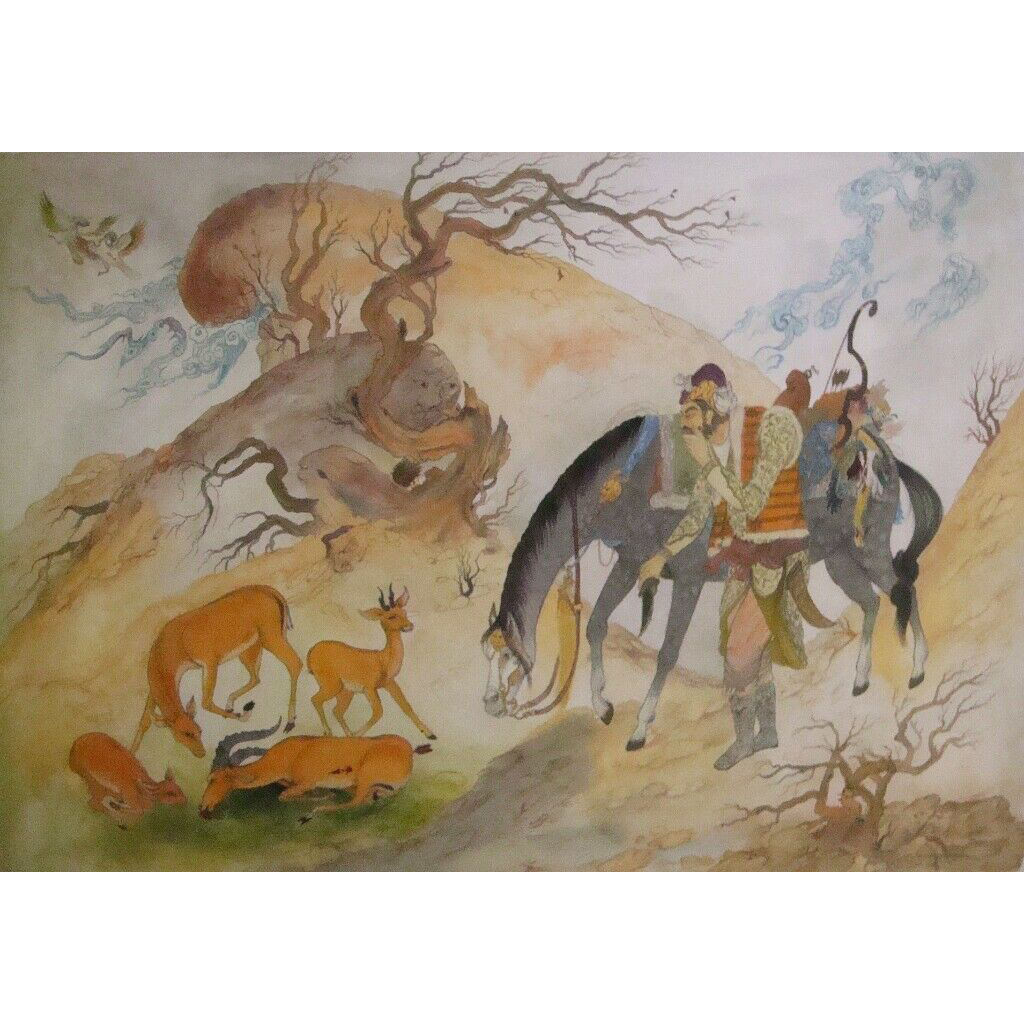 الرسم التصويري منمنمة فارسية الأصلي: غواش وألوان مائية - الصيد