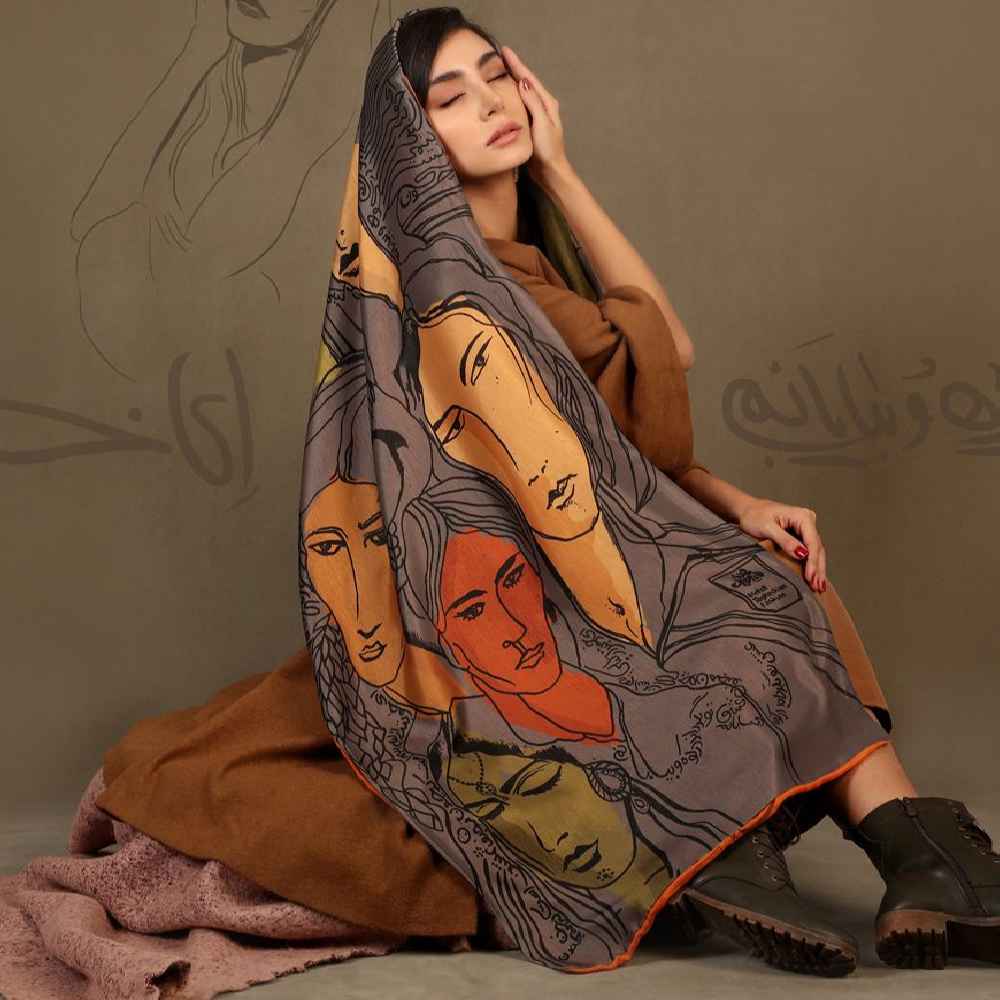 وشاح إيراني مطبوع من الحرير مزدوج الوجهين بنقش خط فني ليلى