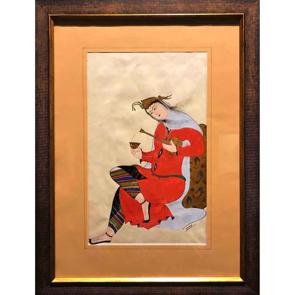 الرسم الفني الإيراني الأصلي الصفوي بالألوان المائية والجواش على الورق المقوى - التزيين