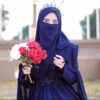 شال إسلامي مربع بلون أزرق بحري ونقاب مجموعة للنساء