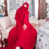 شال إسلامي مربع بلون أحمر ونقاب نصف مجموعة للنساء