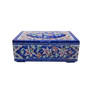 Copper Jewelry Box Hand-Painted with Iranian Minakari Enamel Blue
