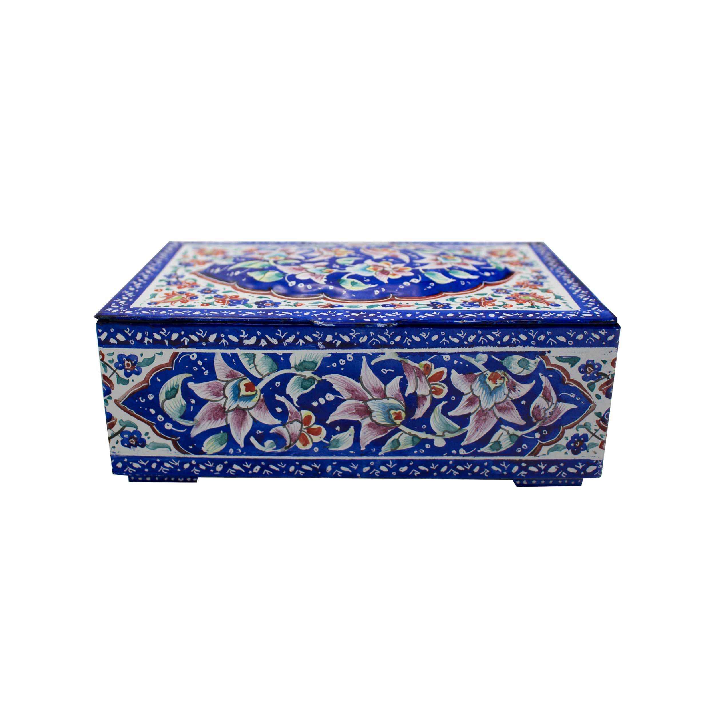 Copper Jewelry Box Hand-Painted with Iranian Minakari Enamel Blue
