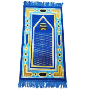 سجادة الصلاة الإسلامية المبطنة بالمخمل الساجدة بتصميم الكعبة الأزرق