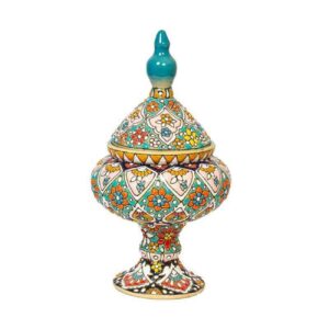 وعاء سكر من الخزف الإيراني الميناكاري المصنوع يدويًا مع غطاء بتصميم زهور