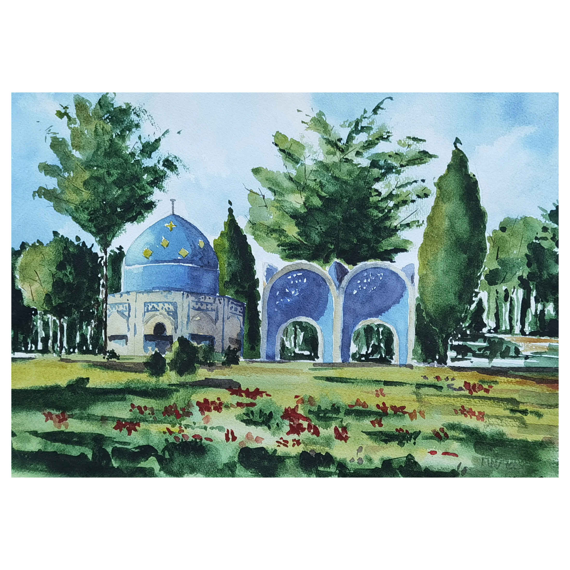الرسم الواقعي الأصلي بألوان المائية - مقبرة عطار نيشابوري