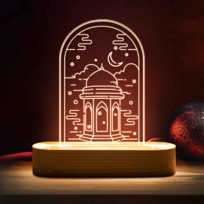 مصباح ليلي ثلاثي الأبعاد LED إسلامي بنموذج نافورة الماء من الحرم الشريف مع قاعدة خشبية