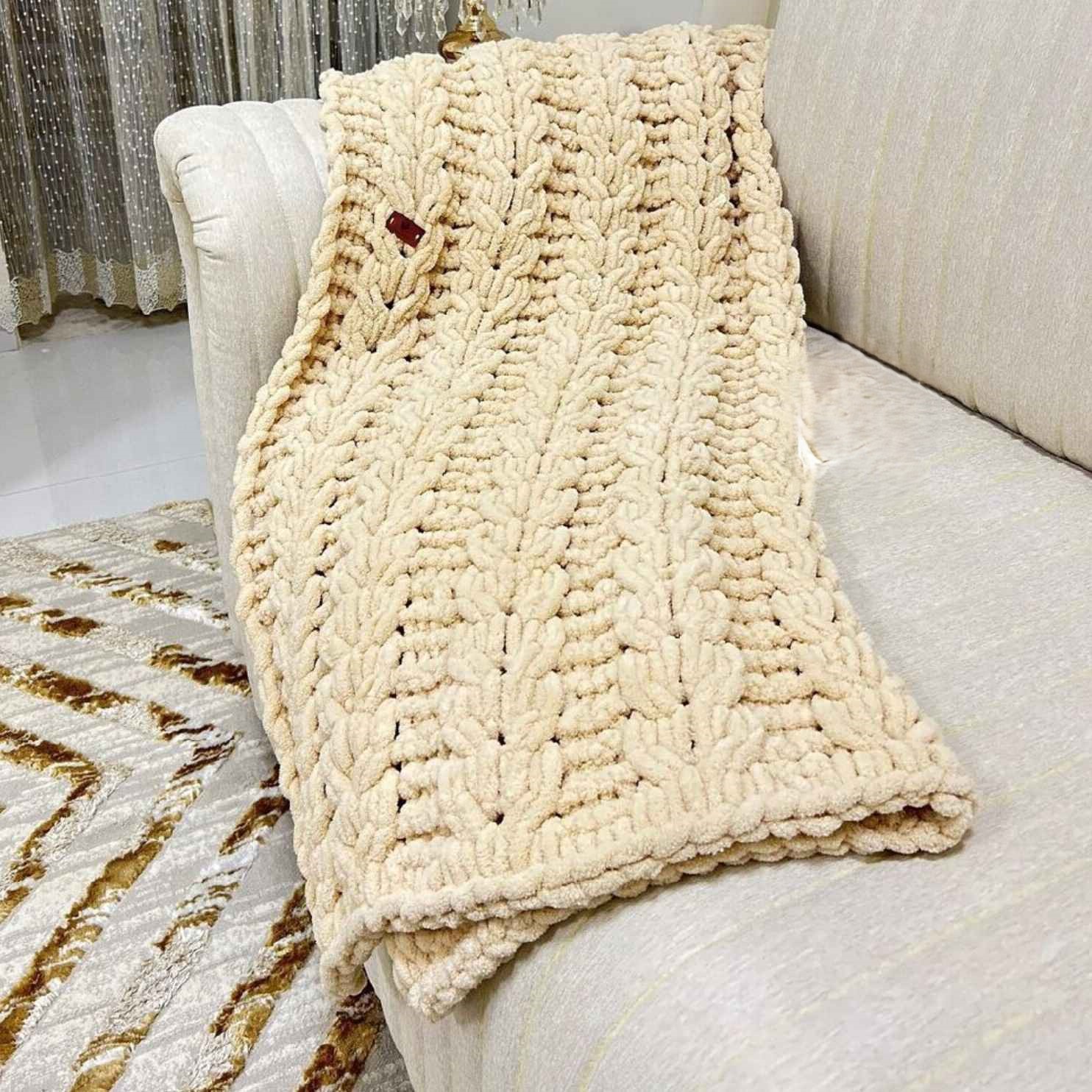 بطانية كنبة محبوكة بتصميم سنابل القمح – أنيقة وعصرية