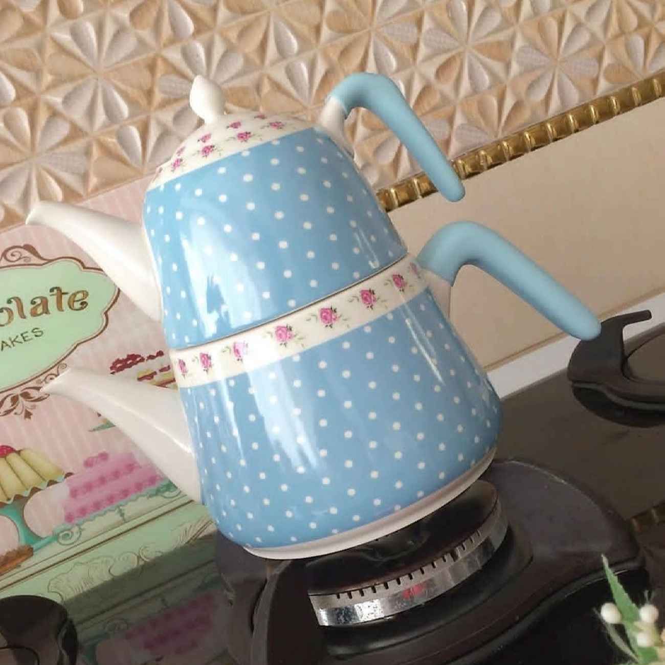 طقم إبريق شاي مزدوج سيراميكي - مثالي كهدية، متين بتصميم بنقوش نقطية وزهور