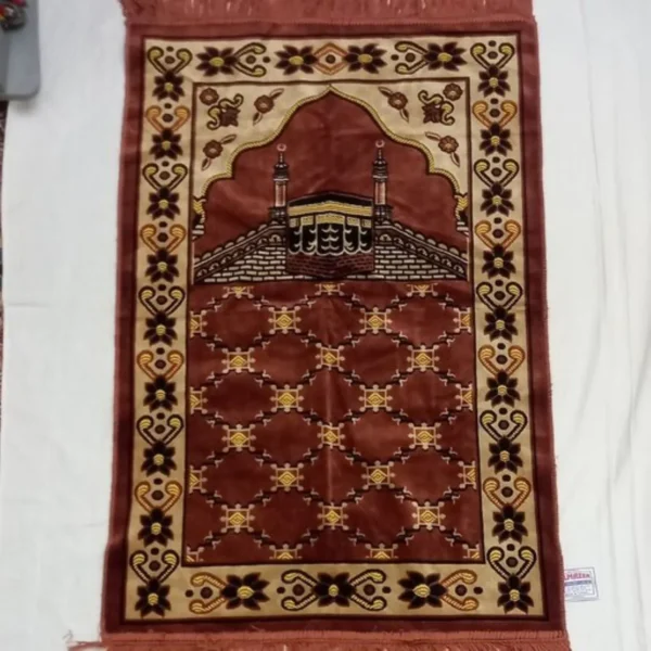 سجادة صلاة إسلامية من المخمل، مبطنة، تصميم الكعبة، لون أحمر طيني