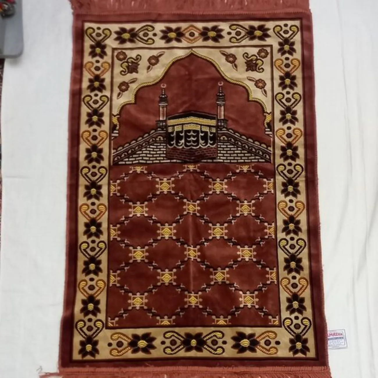 سجادة صلاة إسلامية من المخمل، مبطنة، تصميم الكعبة، لون أحمر طيني