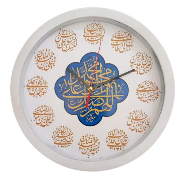 ساعة حائط إسلامية تمثل تناغم الوقت والإيمان عبر صور الأئمة