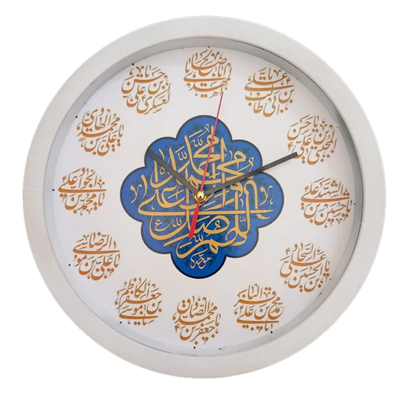 ساعة حائط إسلامية تمثل تناغم الوقت والإيمان عبر صور الأئمة
