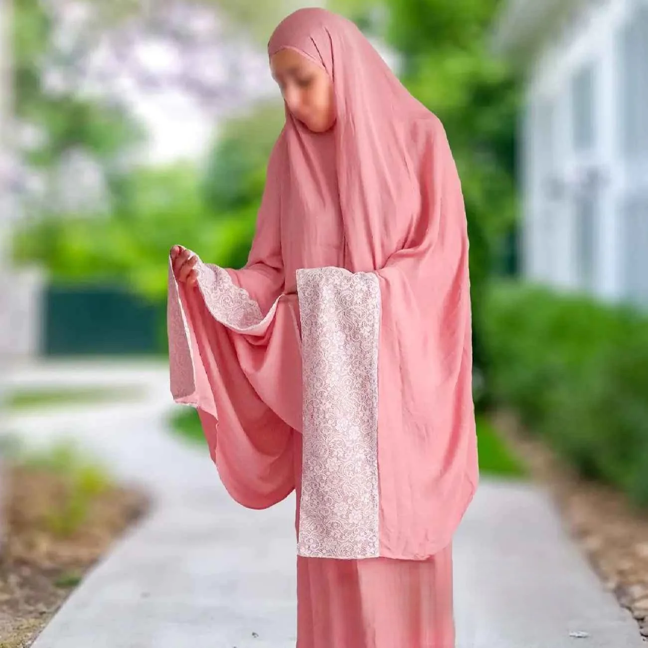 عباءة صلاة إسلامية مع شادر نصف شفاف وردي ناعم جداً وتنورة – 170 سم