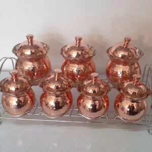 جرار تخزين نحاسية مطلية بطبقة نانوية مع غطاء وحامل معدني – 7 قطع